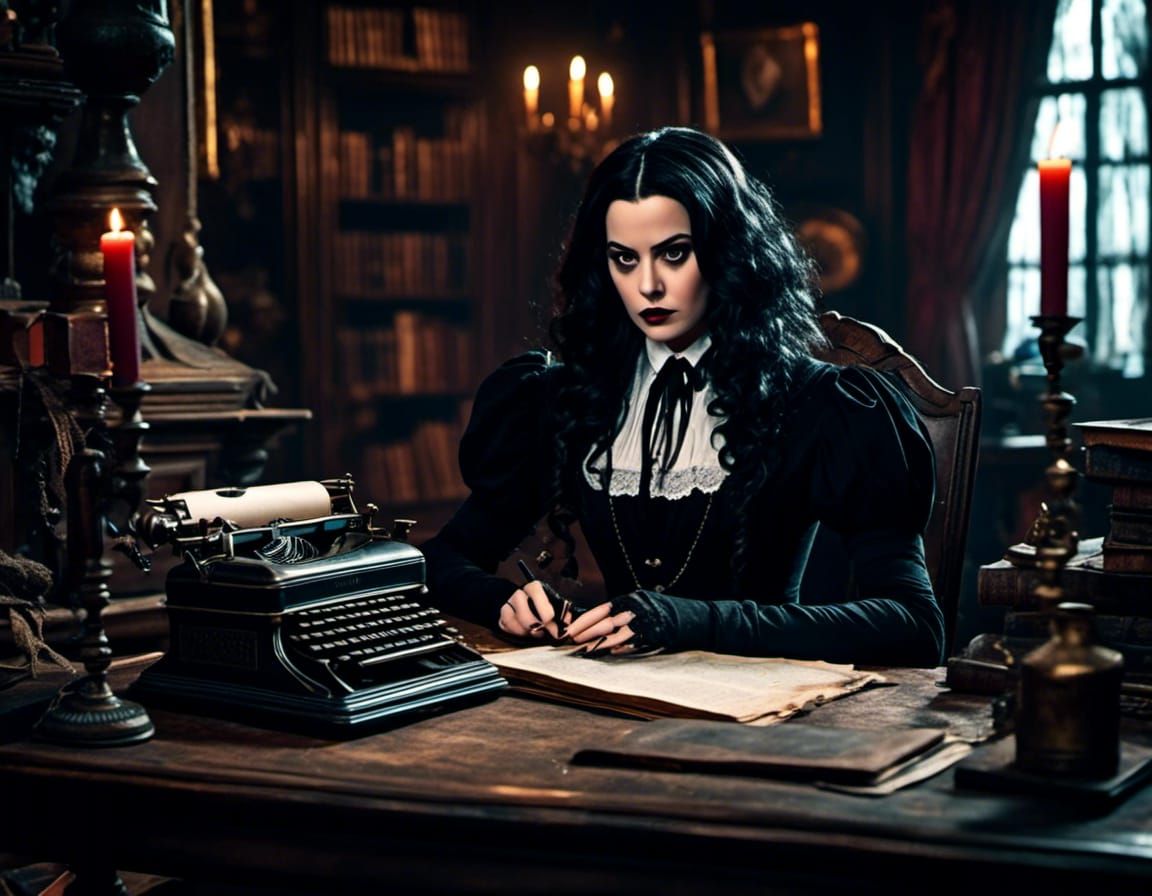 Wednesday Addams Writing in Gothic Mansion Study