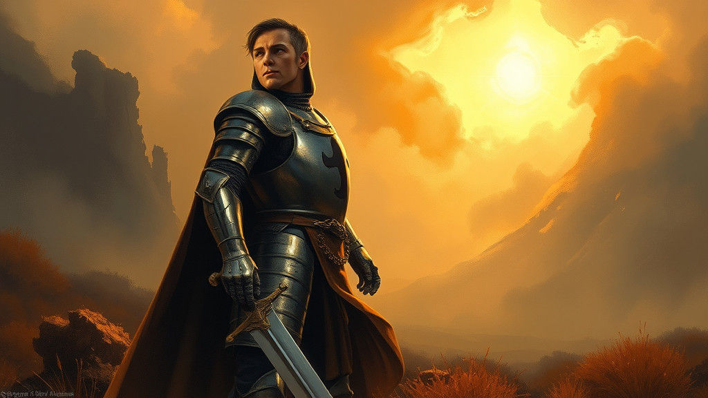 Heroic Knight in Golden Landscape, Oil Painting Style