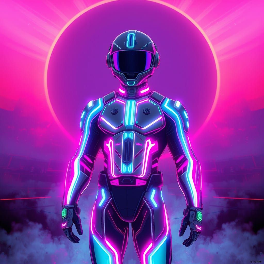 Heroic Futuristic Figure in Neon-Lit Dreamworld