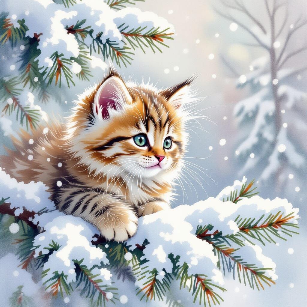 Curious Kitten in Snowy Forest Watercolor