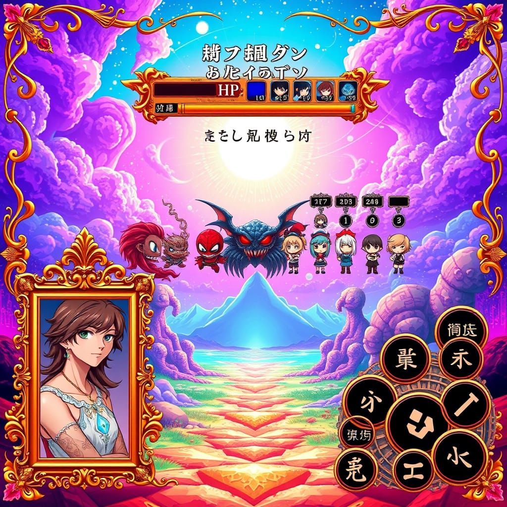 Epic JRPG Battle Scene with Surreal, Baroque-Inspired Design