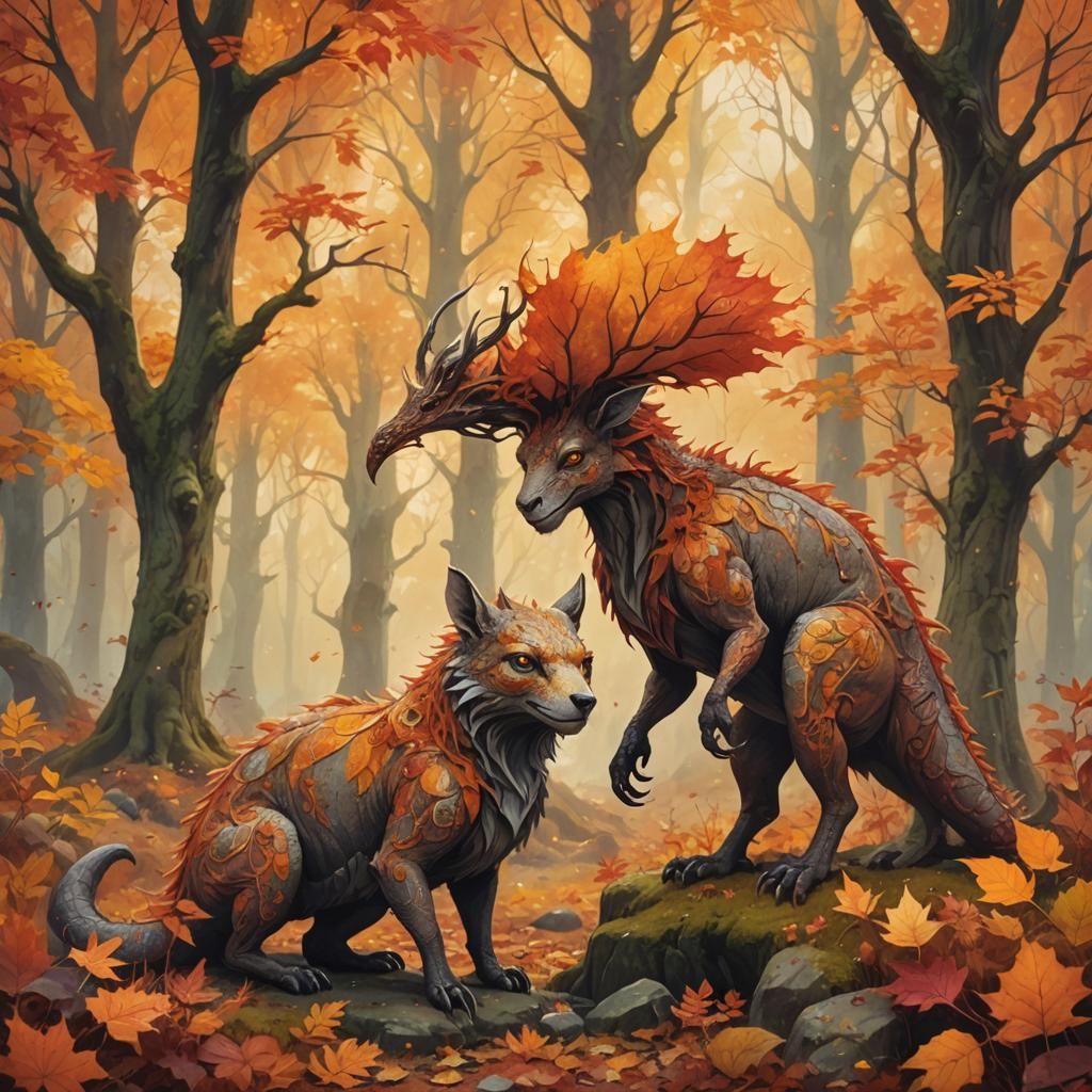 Whimsical Creatures in Autumn Fantasy Landscape