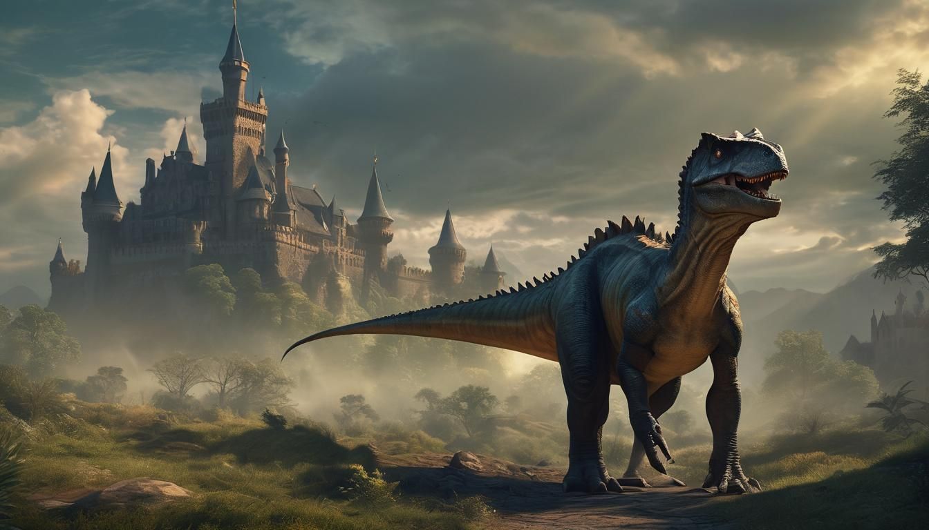 Majestic Dinosaur Roams Castle Grounds in Vibrant Fantasy Sc...