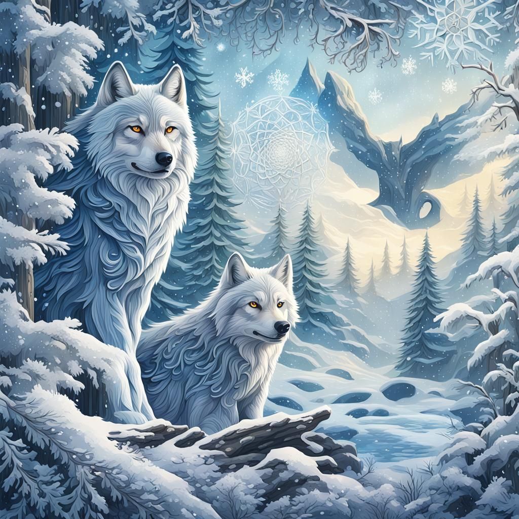 Snowy Forest and Wolf Composite Digital Illustration