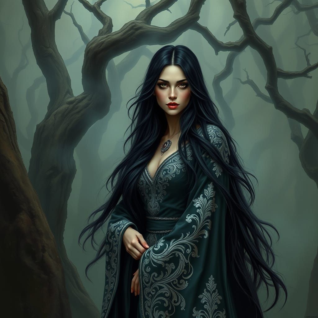 Enchanted Dark Sorceress in Mystical Forest