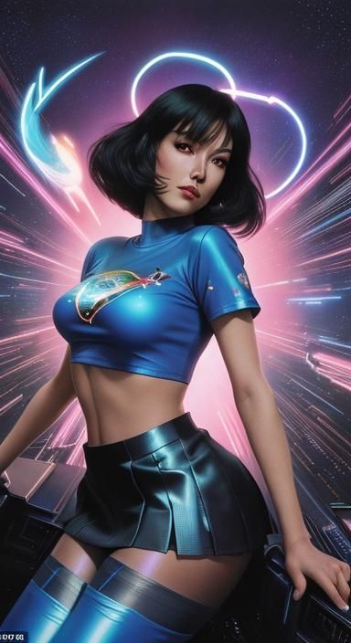 Chrome Space Girl Dragon Rider in Cyberpunk Style