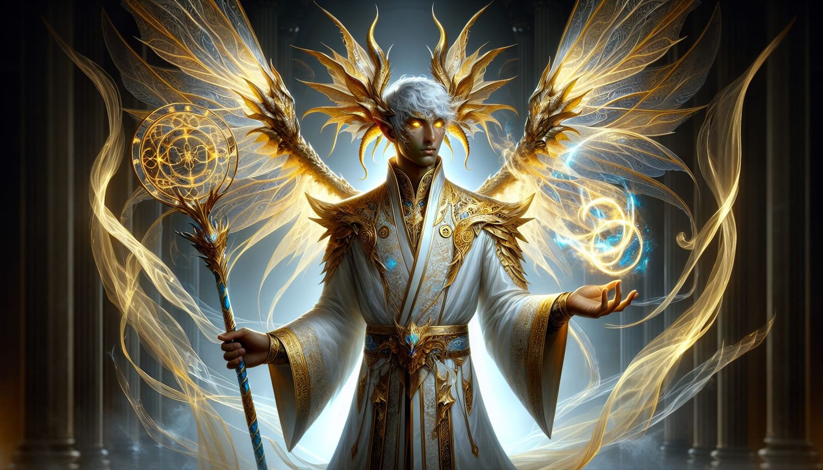 Celestial Gold Dragon Wizard with Golden Wings