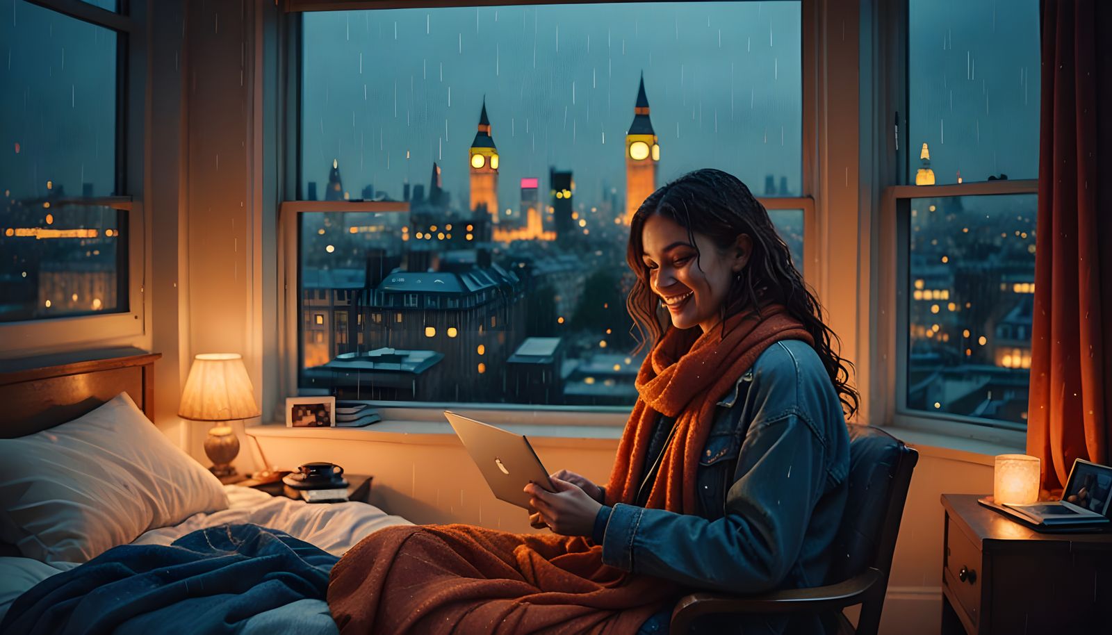 Cozy Bedroom Scene with Polaroids and Pixelated Video Call