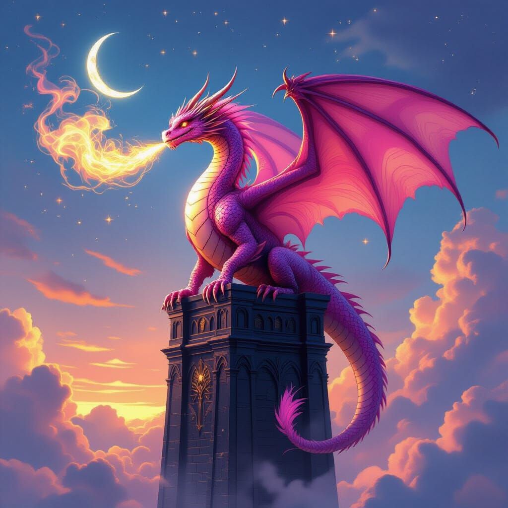 Pink Dragon on Obsidian Tower in Twilight