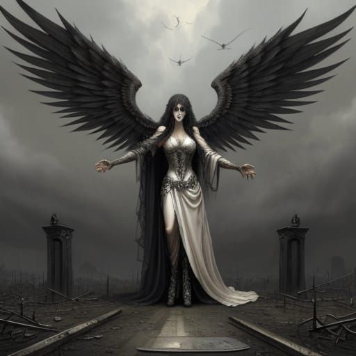 A kindly Angel of Death waiting at the scene of an accident,...