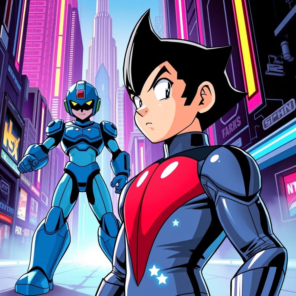 Astro Boy and Mega Man in Cyberpunk Cityscape