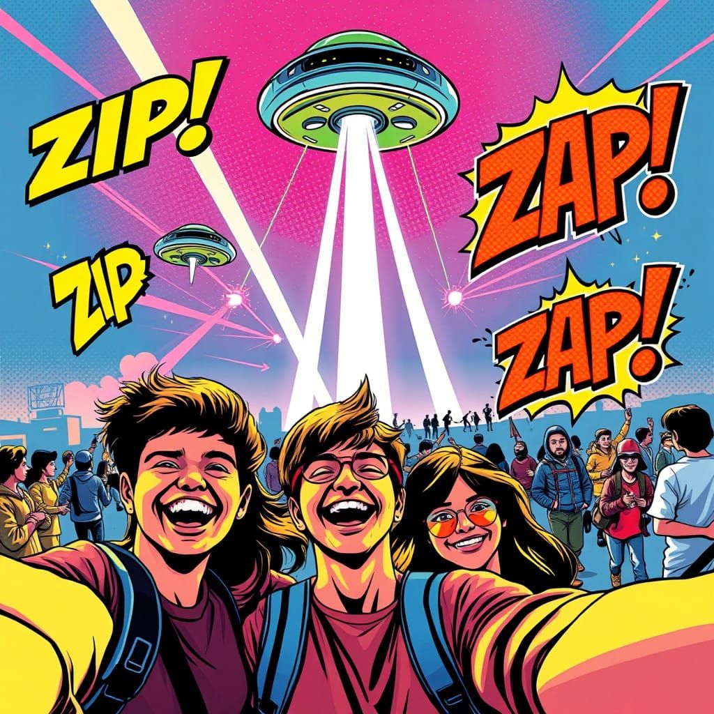 Playful Alien Invasion Scene in Pop Art Style