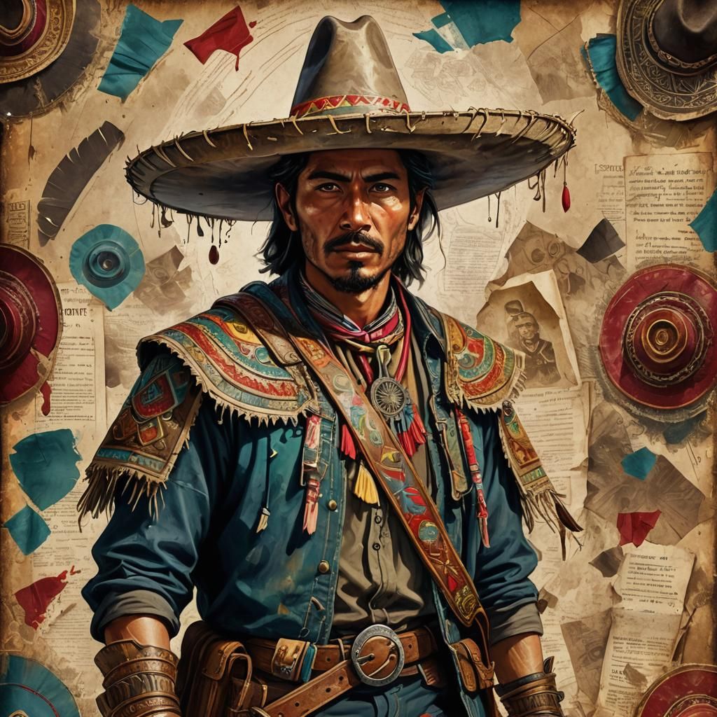 Mexican Warrior with Sombrero: Mixed Media Art