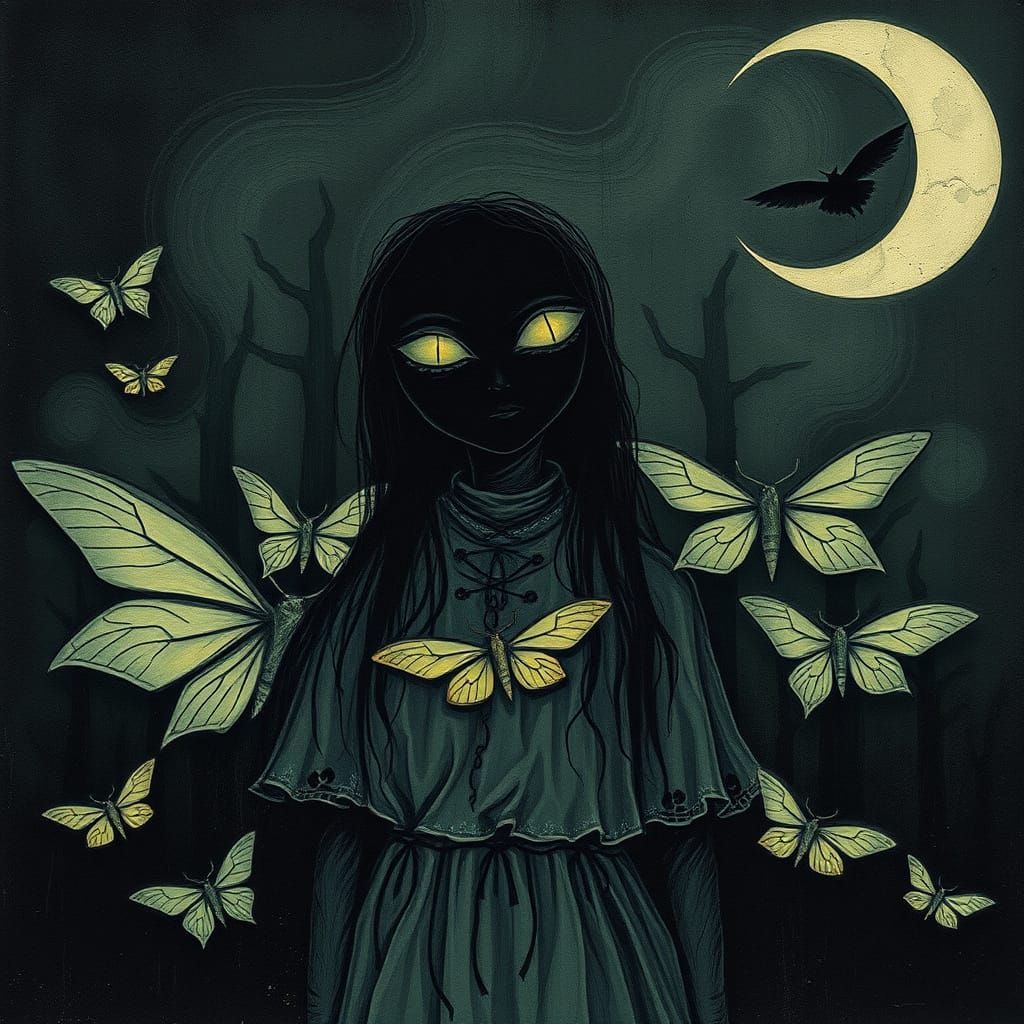 Eerie Shadow Girl with Luna Moths in Art Brut Style