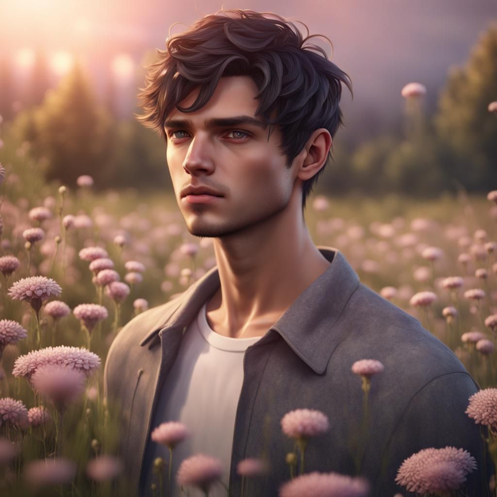Young Brunette Male in Flower Field: Detailed Matte Painting