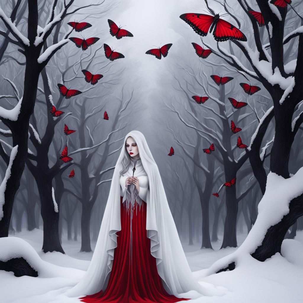 Ethereal Veiled Figure in Snow, Monochromatic Art Deco