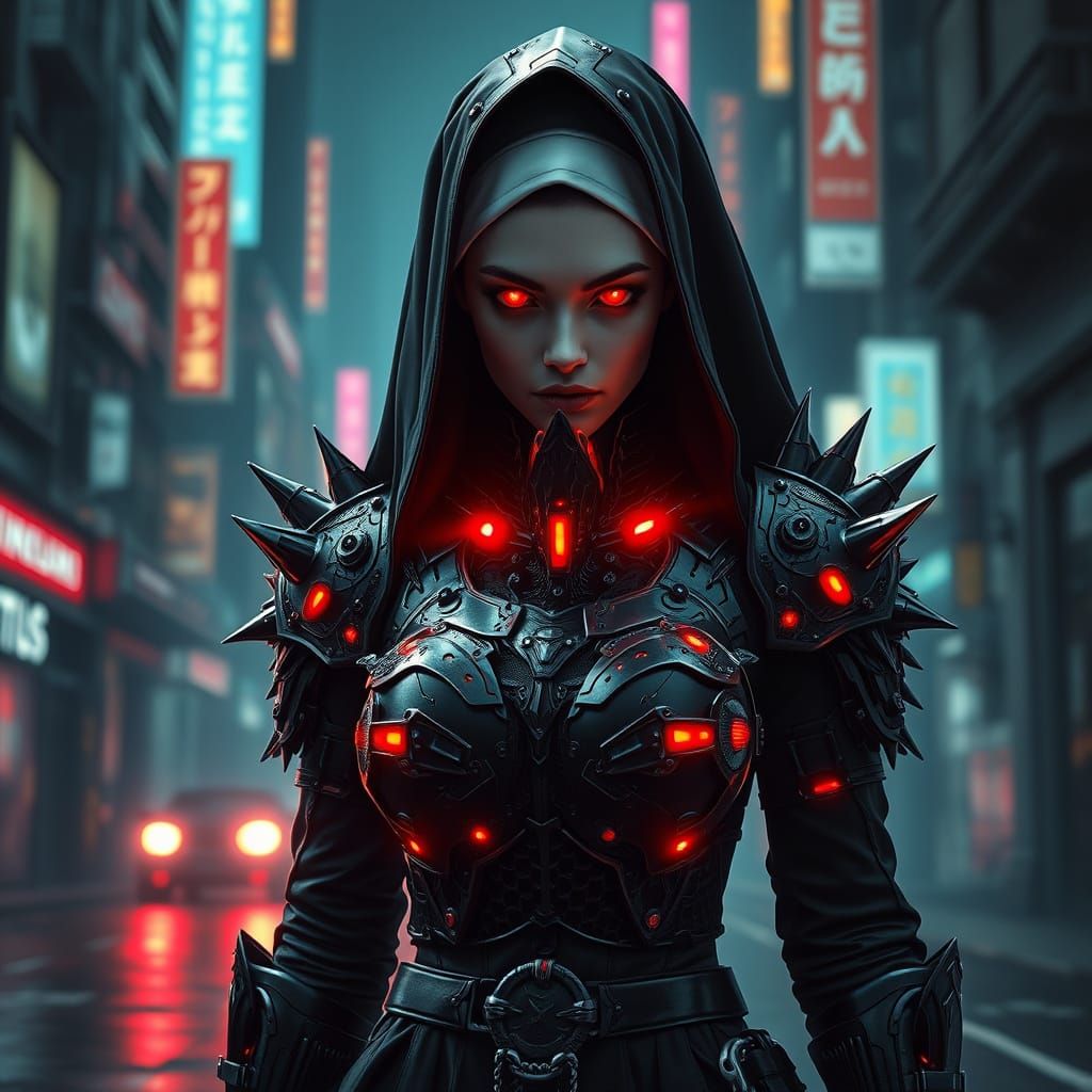 Cyberpunk Nun Warrior Emerges in Dystopian Metropolis