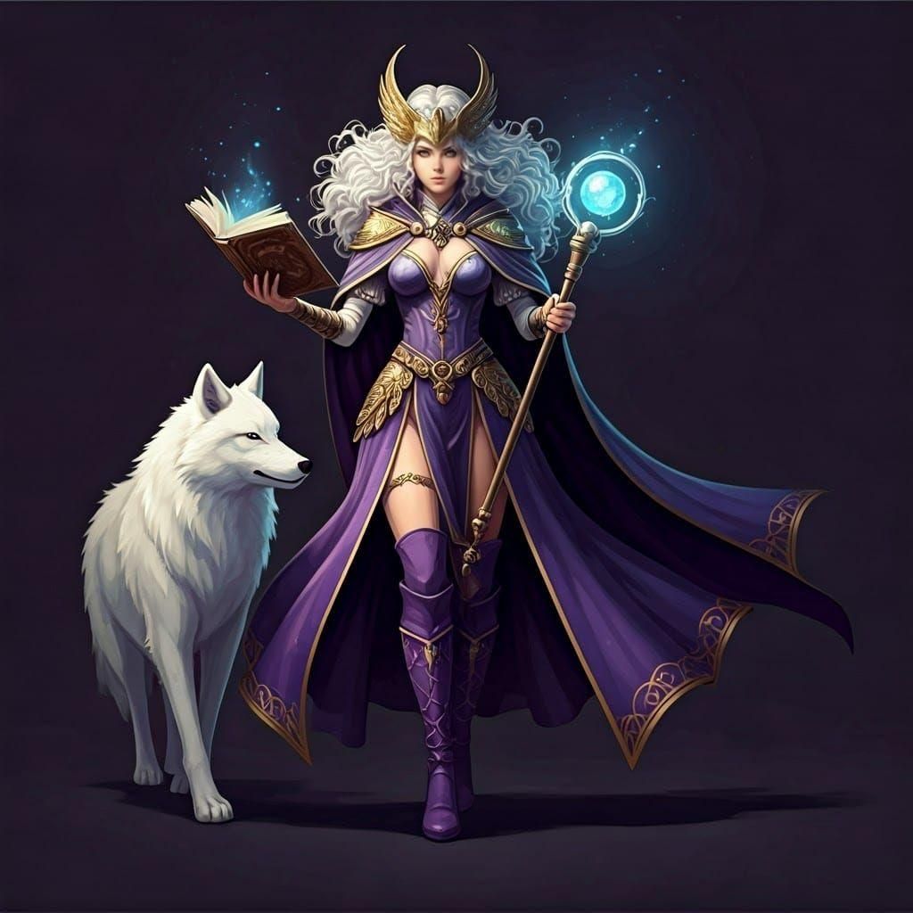 Anime Enchantress with Wolf, Cel-Shaded Style