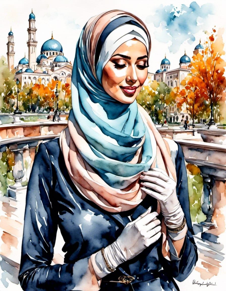 Elegant Hijabi Business Woman in Park: Ink Drawing