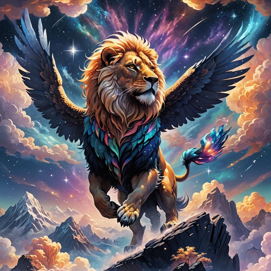 Celestial Lion-Eagle Soaring Between Floating Islands