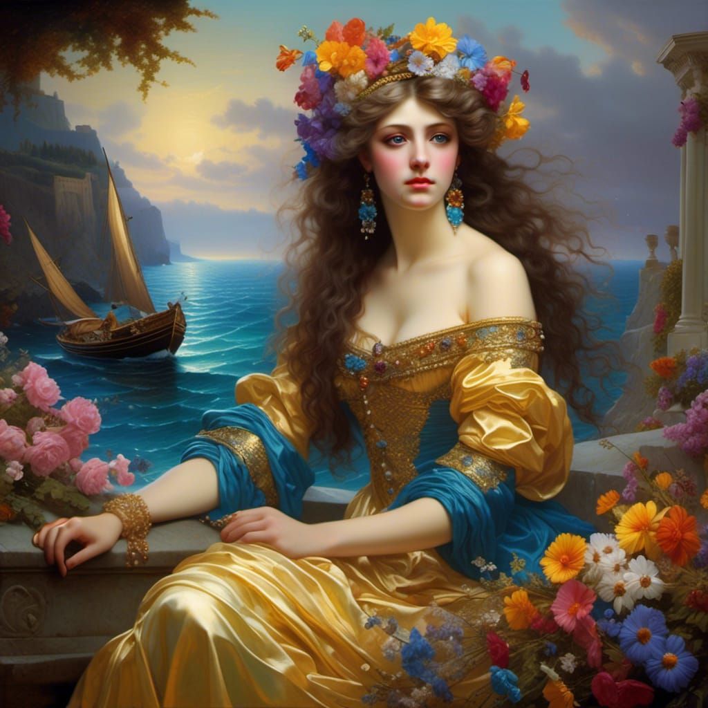 Sad Grecian Maiden Portrait with Flowers and Pearls