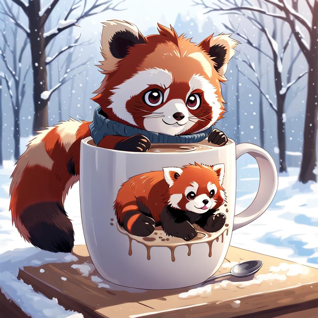 Red Panda Sipping Coffee: Anime Style