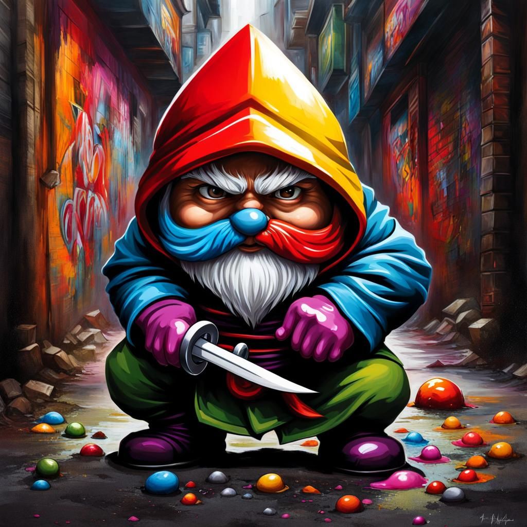 Ninja Garden Gnome in Urban Graffiti Art