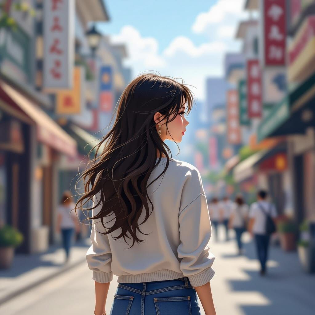 Woman Walking Down Street in Hyperrealistic Anime Style Wall...