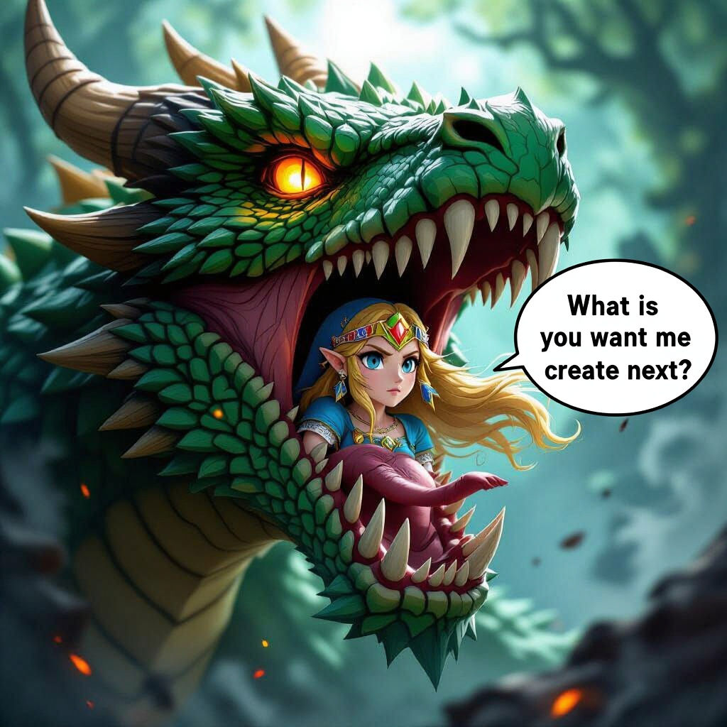 Princess Zelda is trapped within the mouth of a fierce drago...
