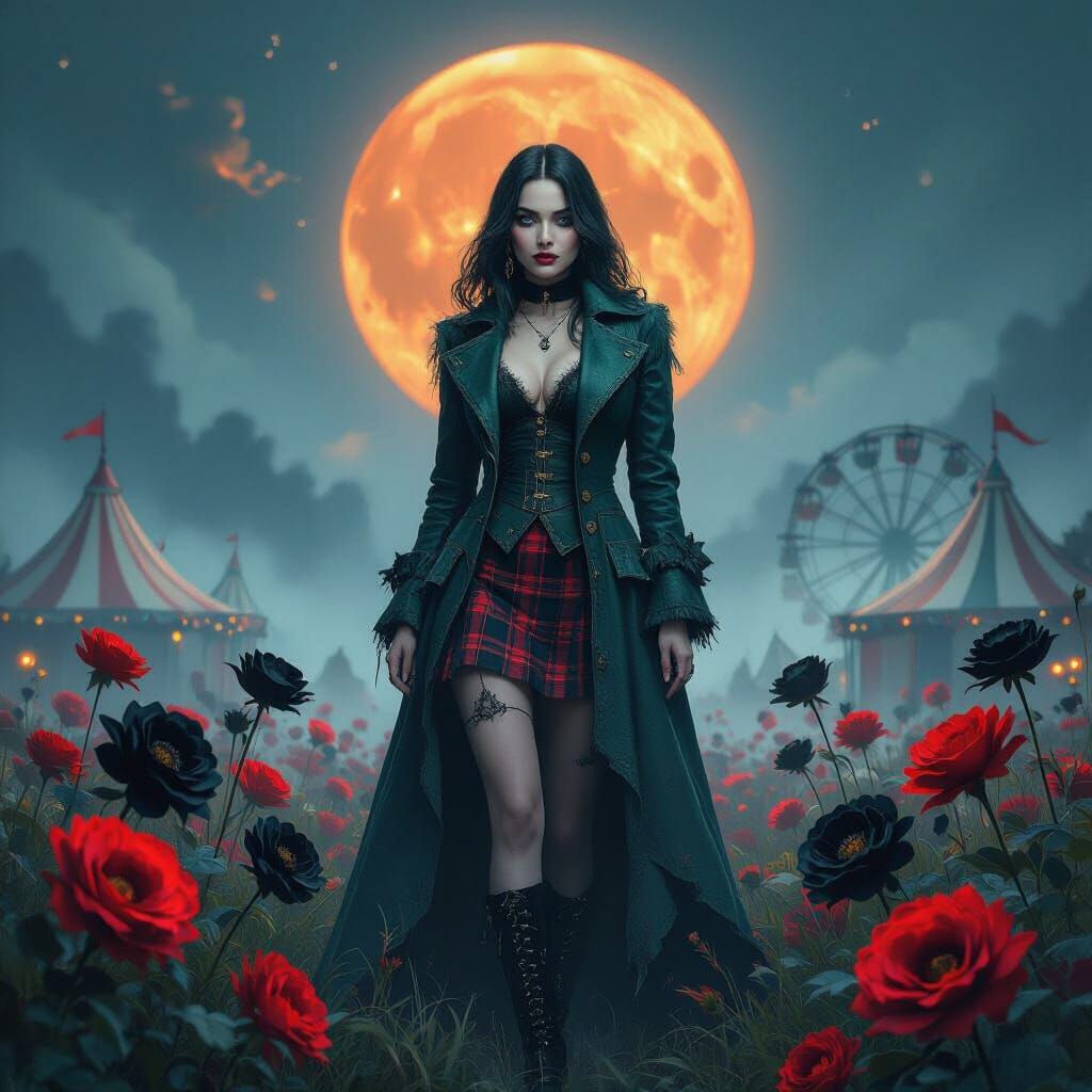 Gothic Woman in Emerald Coat Amidst Crimson Flowers