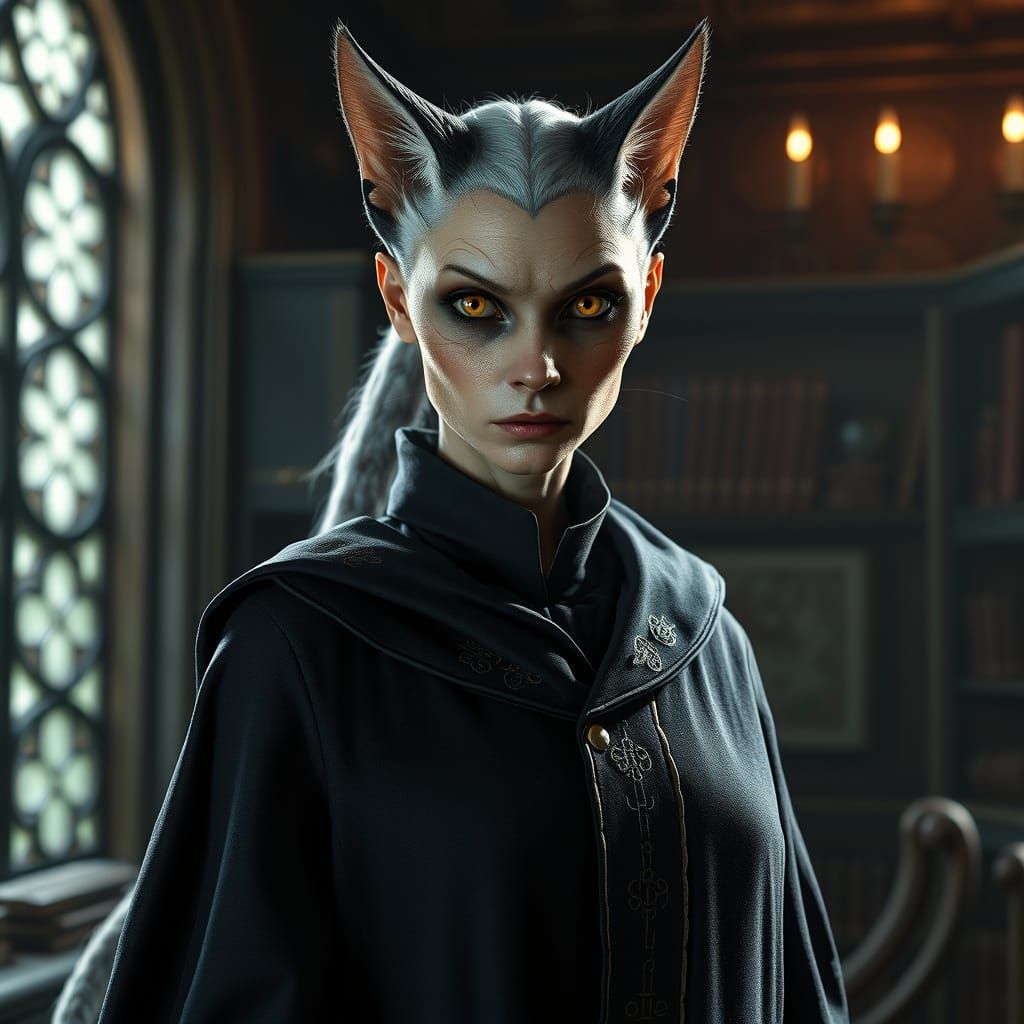 Feline Wizard in Arcane Study, Photorealistic Rendering