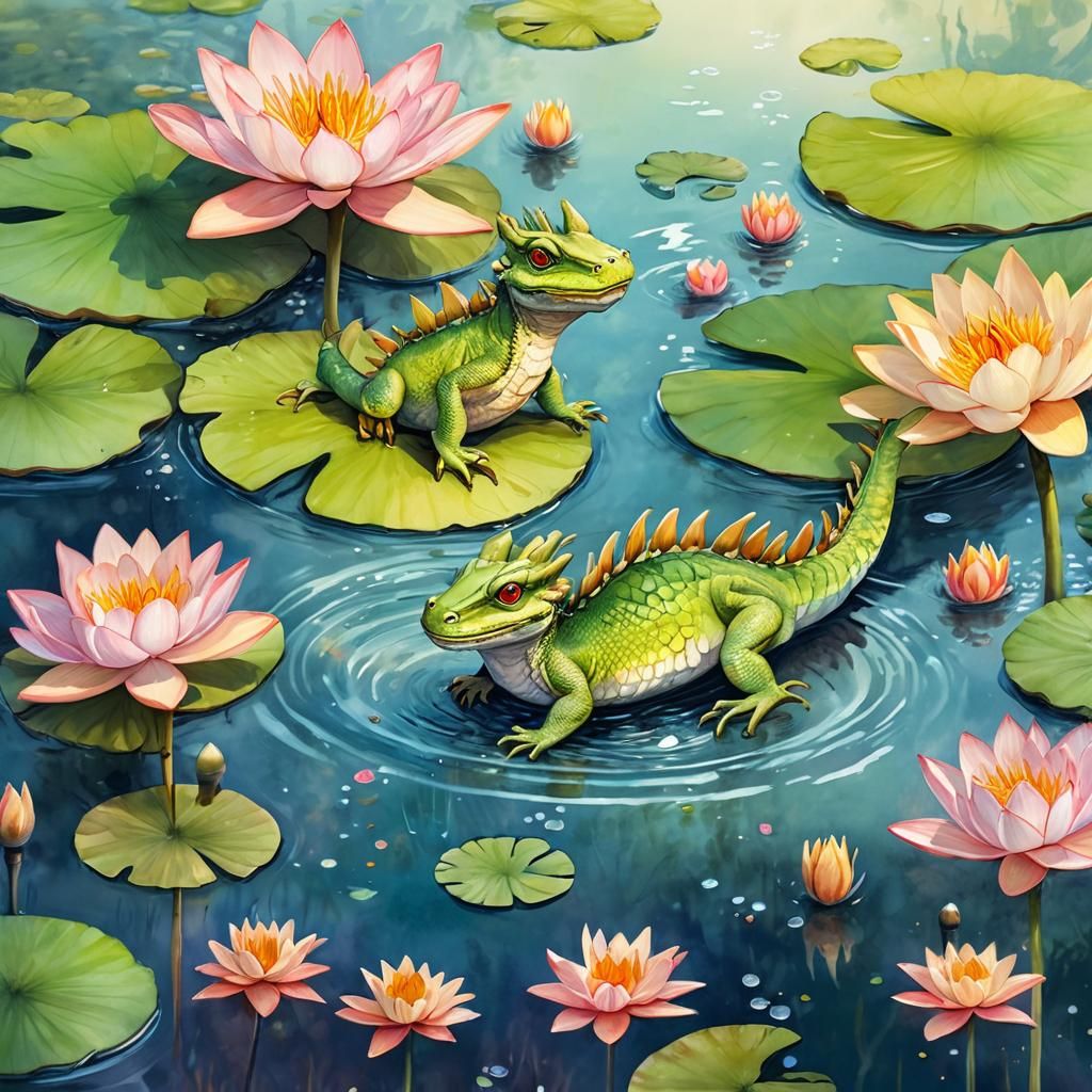 Whimsical Baby Water Dragon in Pond, Watercolor Style