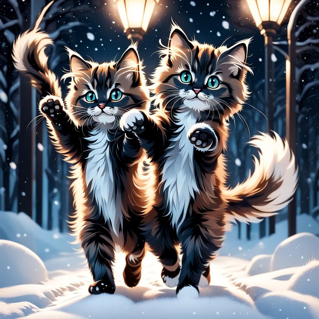 Fluffy Kittens Walking in Snow with Art Deco Lighting