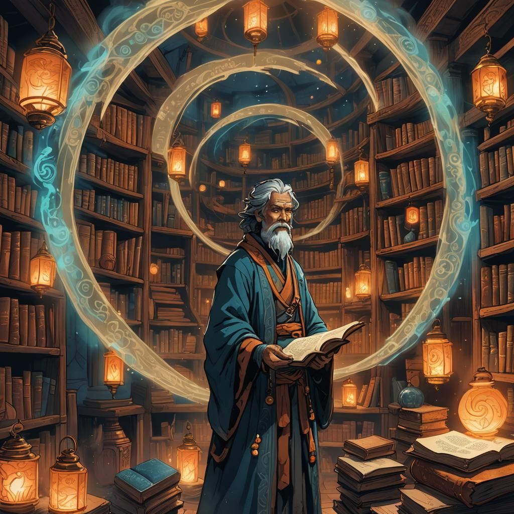 Mystic Sage Surrounded by Ancient Knowledge, Digital Art