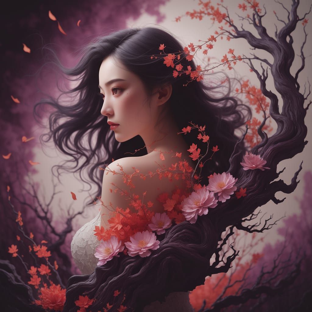 Double Exposure Portrait with Autumn Garden Blossoms