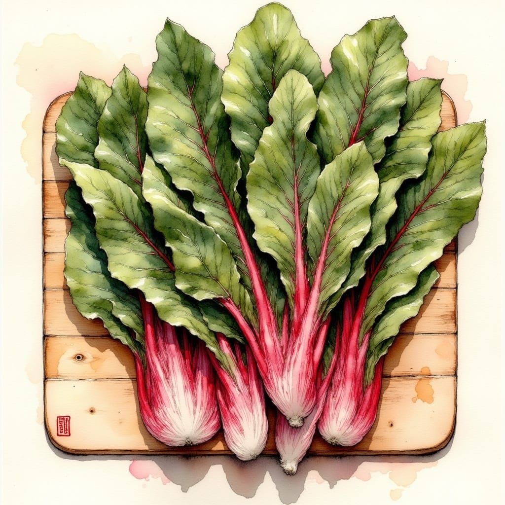 Closeup of Elegant Red Leaf Spinach in Watercolor and Ink St...