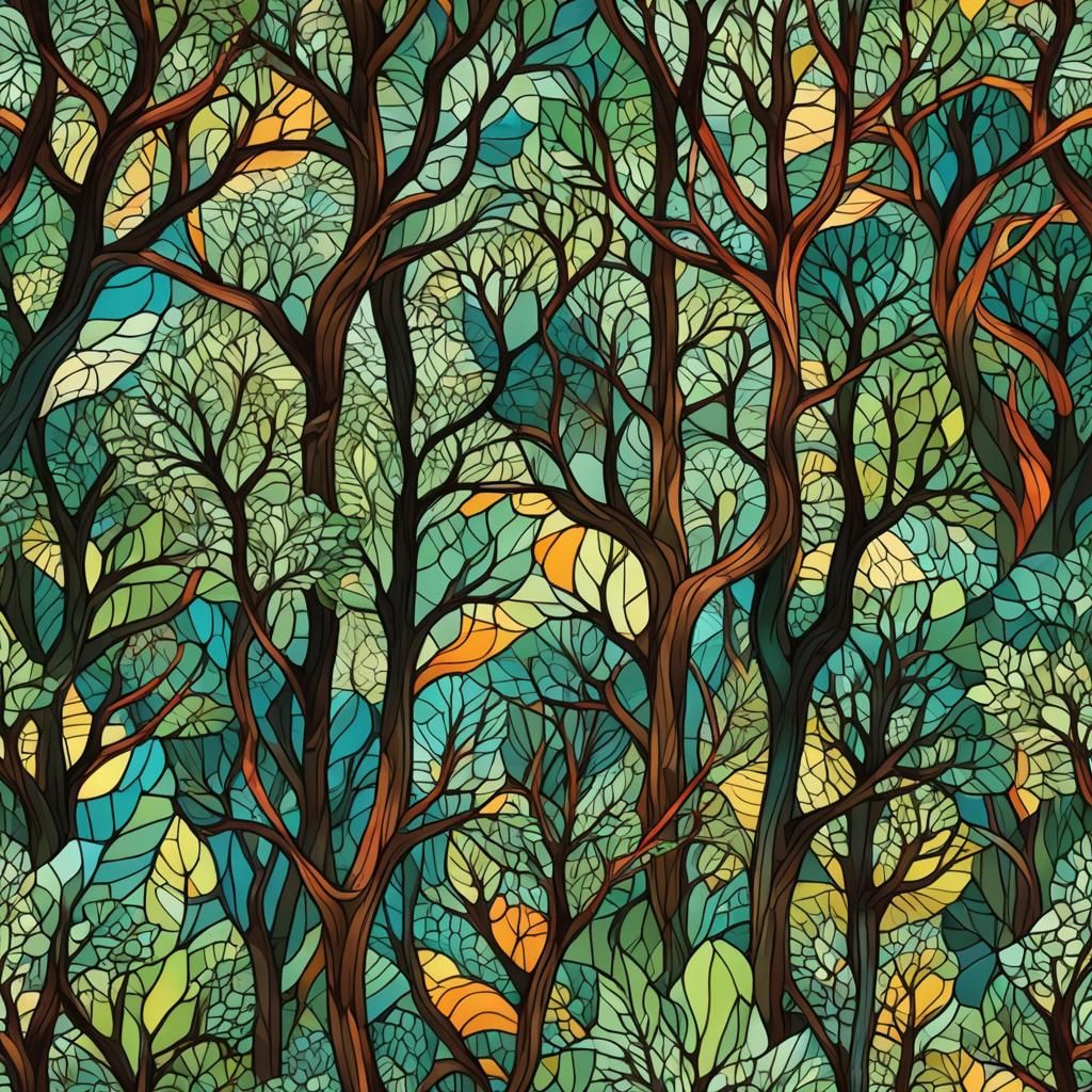 Stained Glass Forest with Abstract Fractal Design