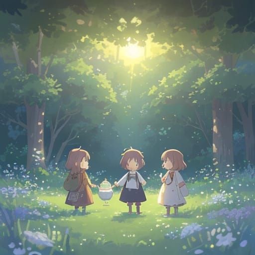 Whimsical Dust Bunnies Enjoying Tea in a Serene Meadow