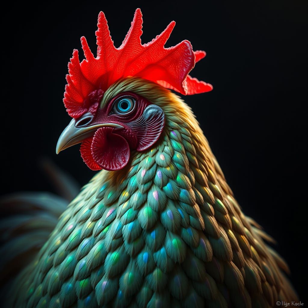 Surreal Chicken Illuminated in Holographic Feathers
