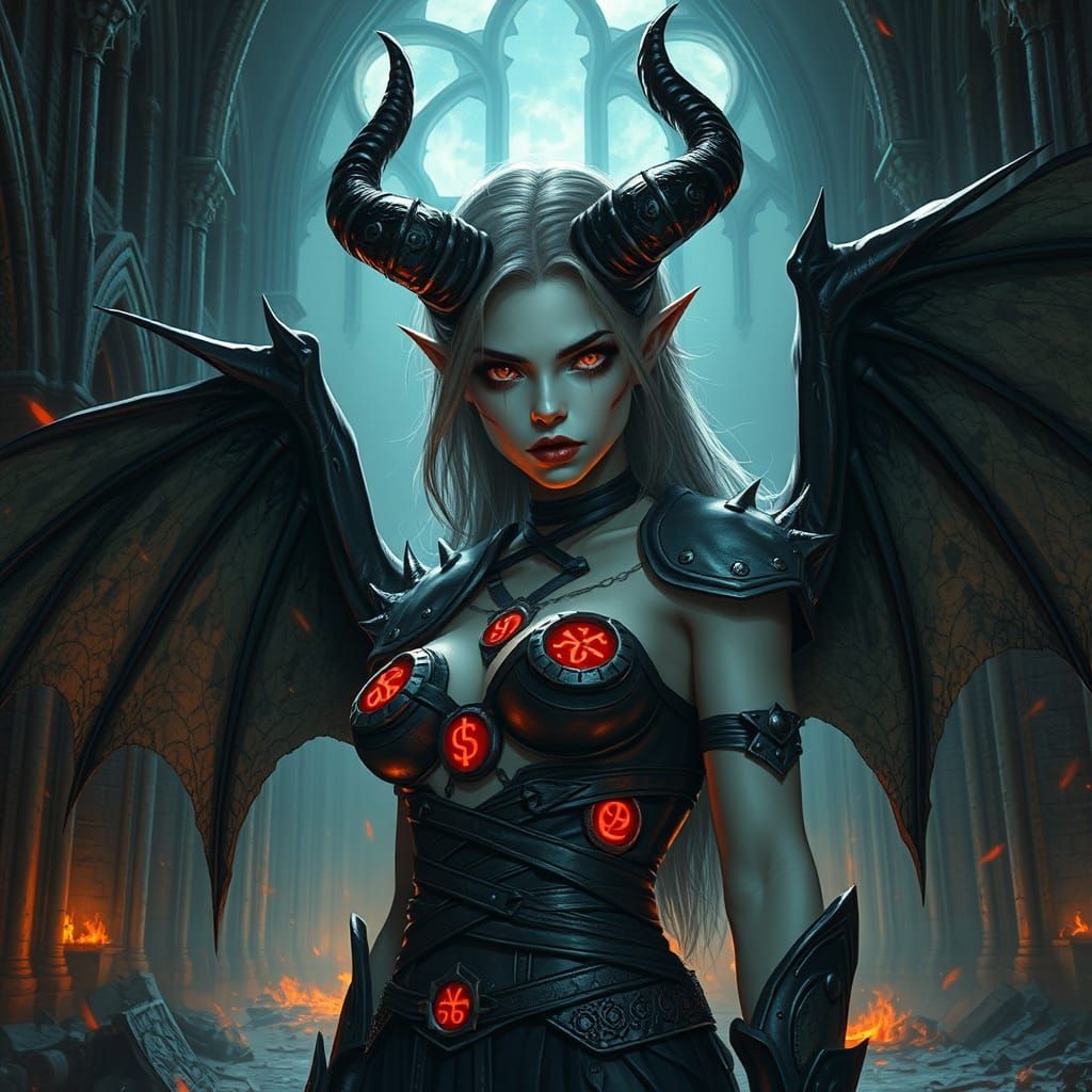 Mysterious Woman with Crimson Eyes in Gothic Cathedral