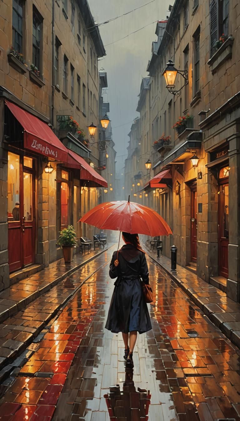 Woman in Red Umbrella: Impressionist Oil Painting