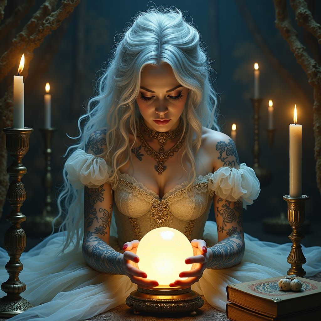 Victorian Sorceress Gazing into Crystal Ball