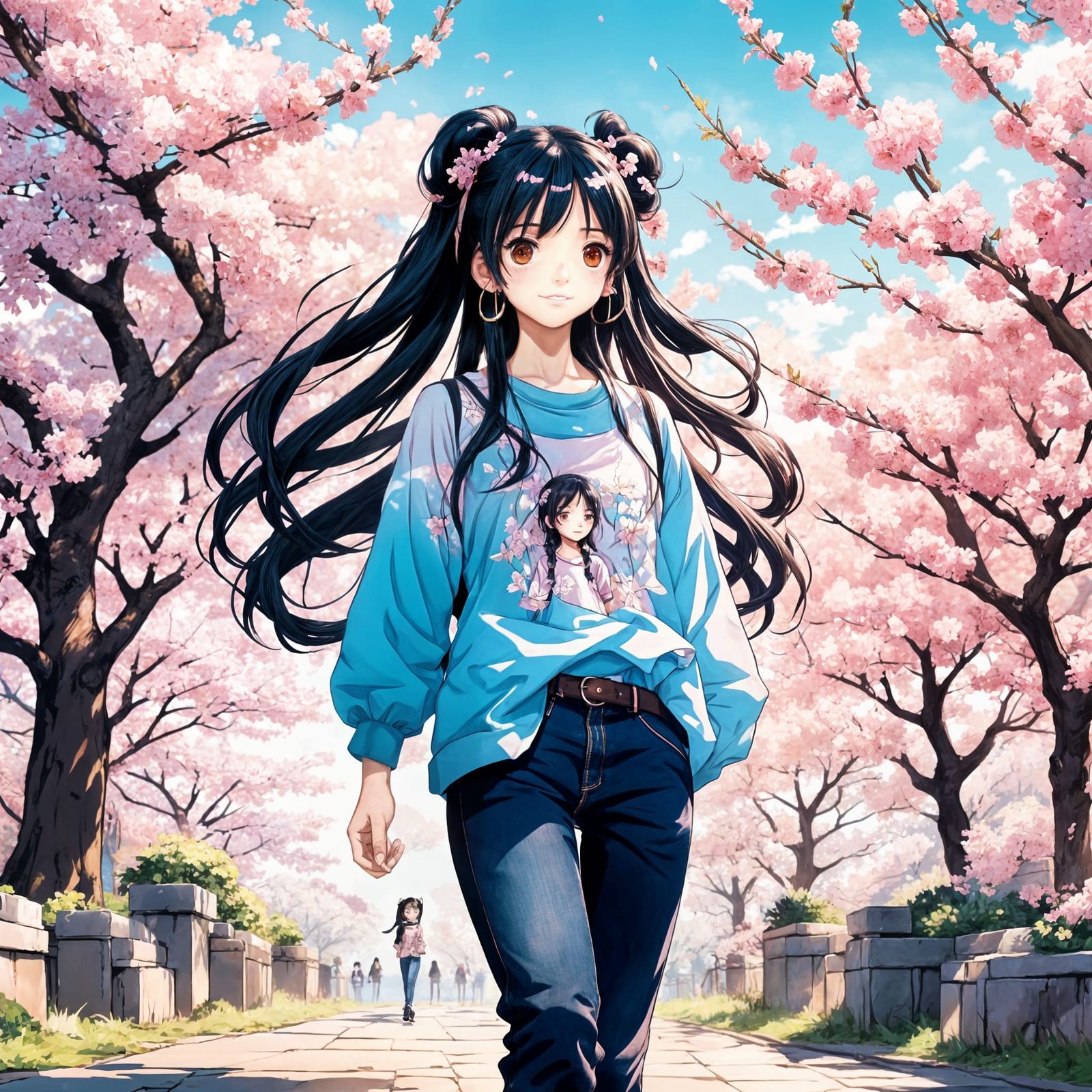 Anime Woman in Cherry Blossom Park