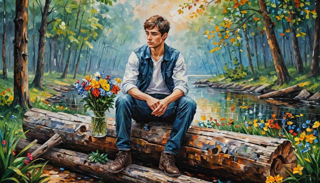 Young Man with Flowers as Impressionistic Painting