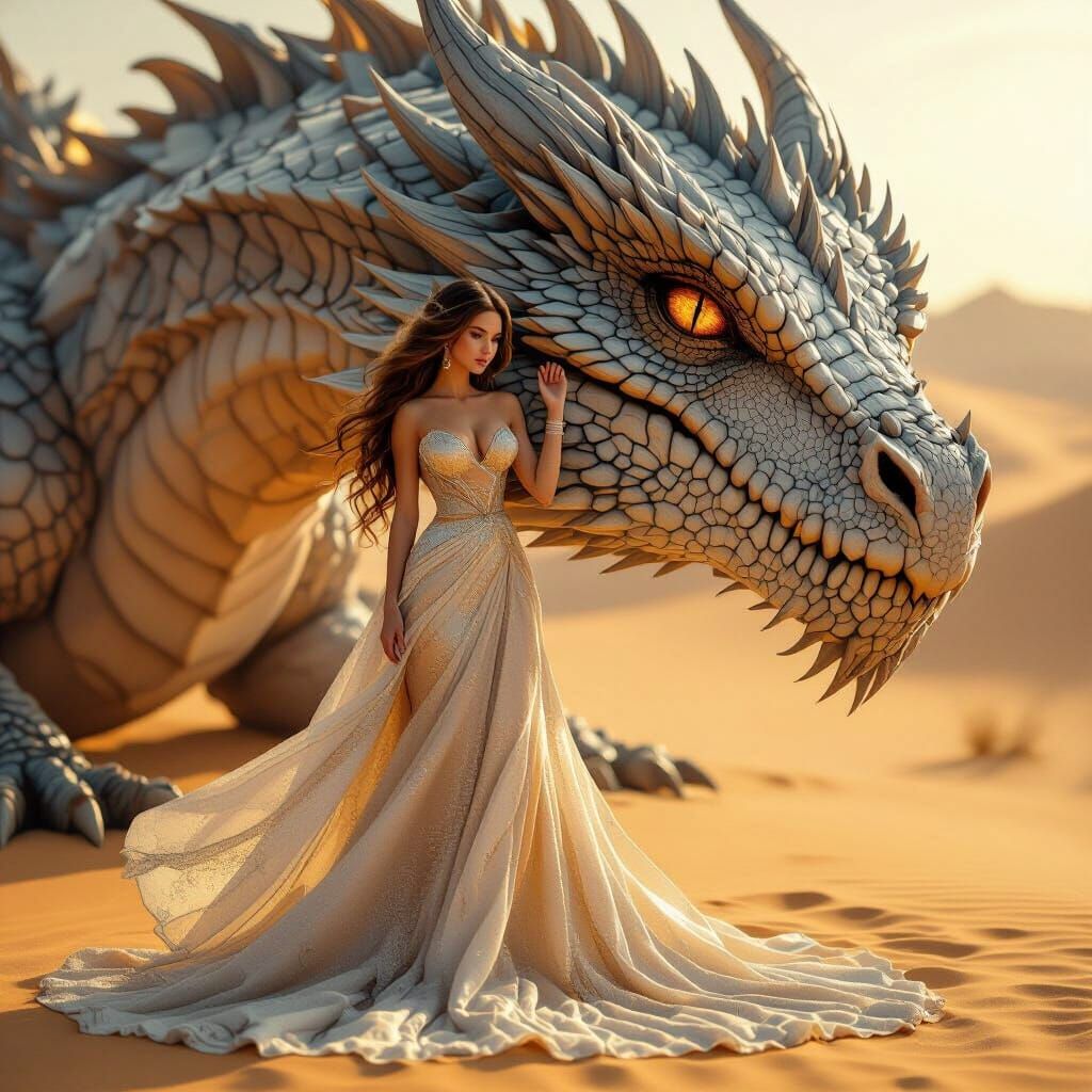 Woman and Dragon in Golden Desert, Ultra-Detailed 8K
