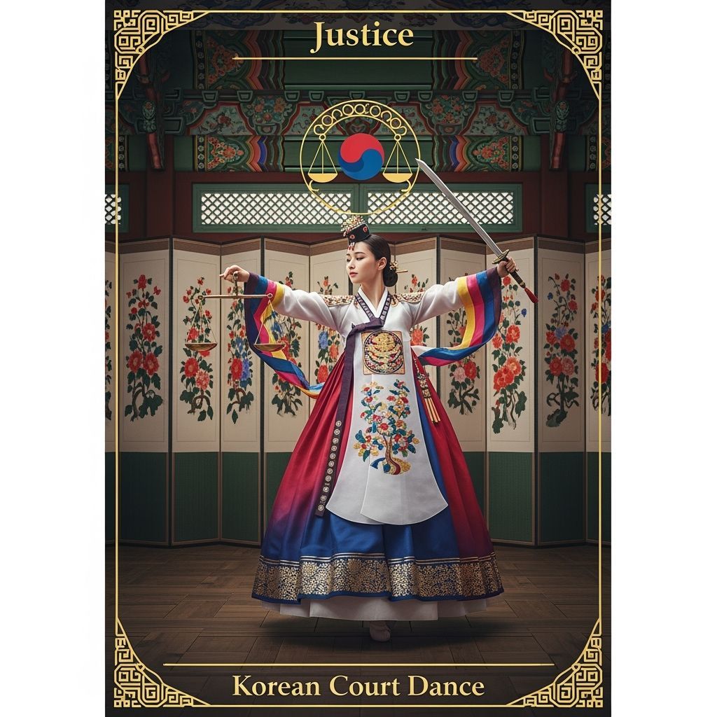 a tarot card representing  Justice  using Korean Court Dance...