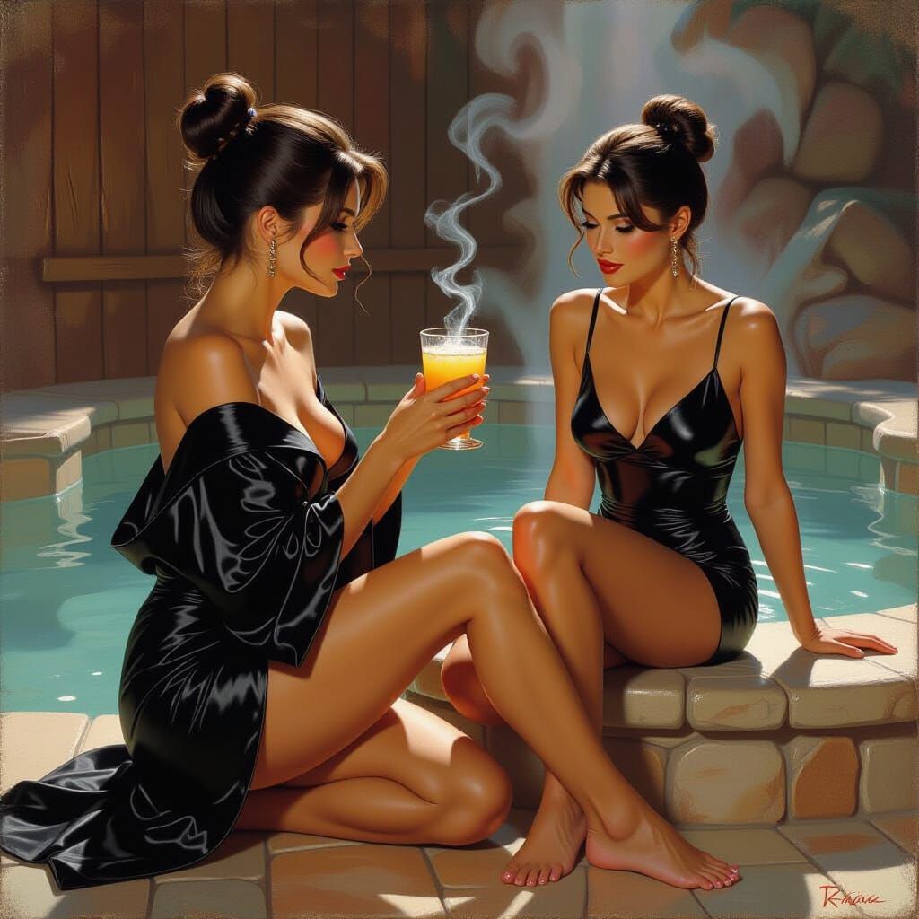 Refreshing Drink in a Sauna, Fantasy Oil Painting