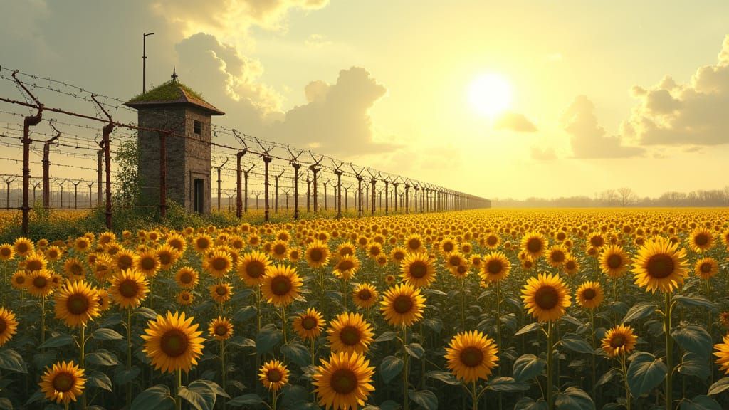Golden Sunflower Field Overlooking Watchtower