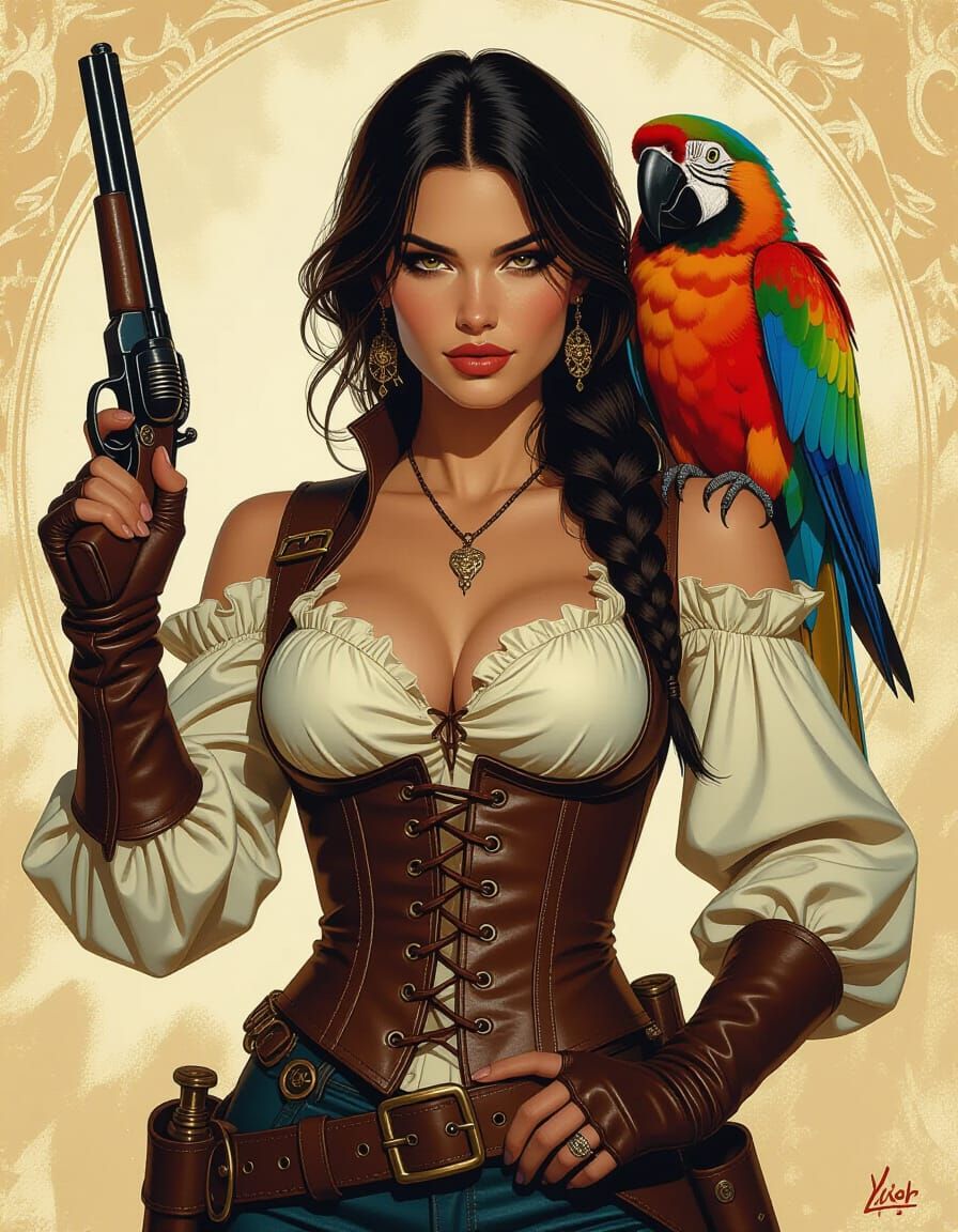 Pirate Woman with Parrot in Digital Art Style