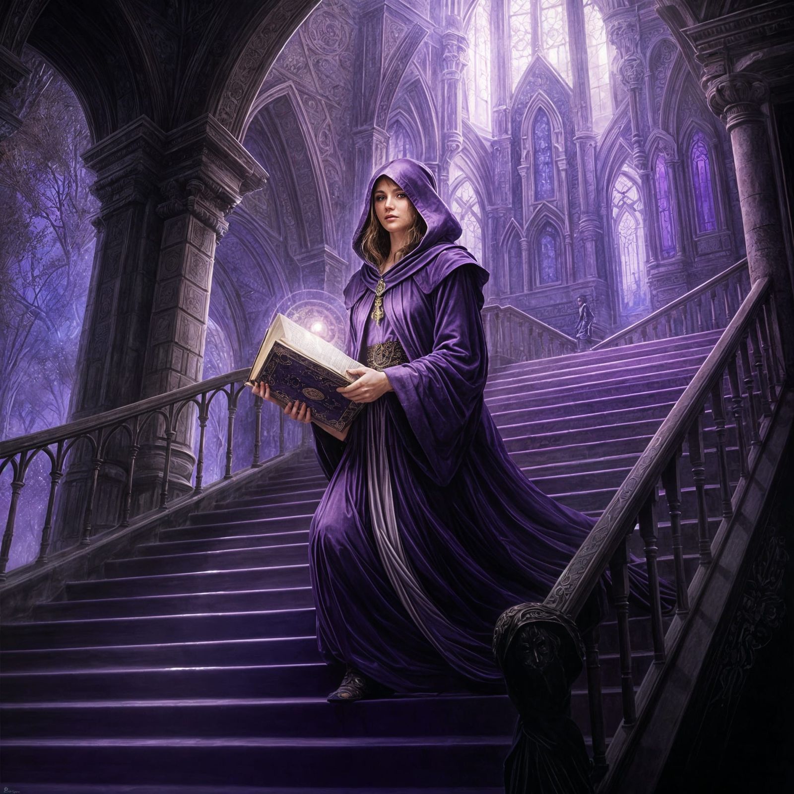 Mage on Purple Staircase: Detailed Fairytale Illustration